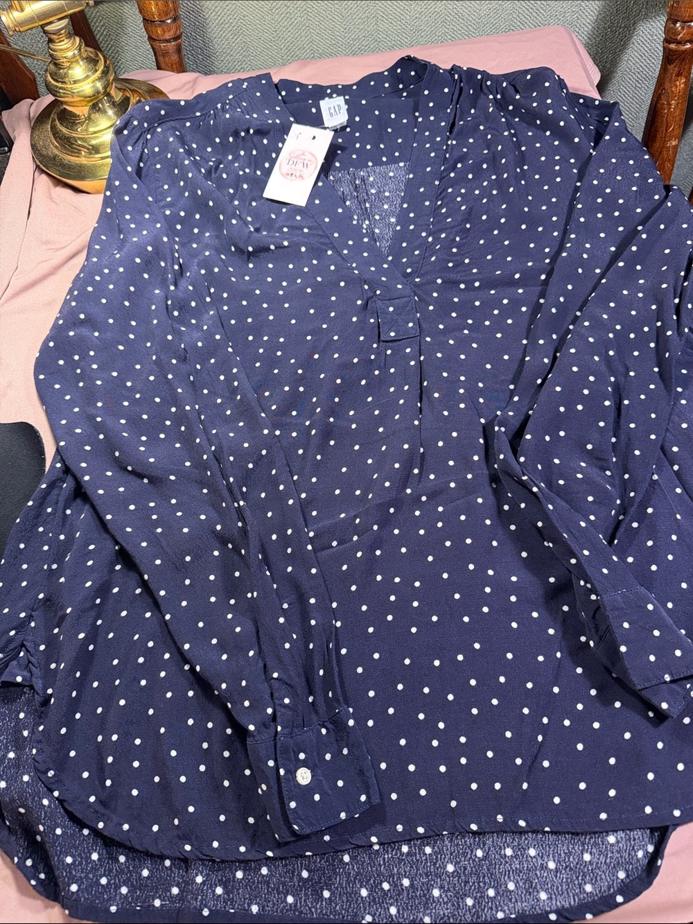GAP Navy Blue Polka Dot V-Neck Long Sleeve Blouse